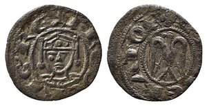 obverse: MESSINA. Enrico VI (1194-1197). Denaro (1196) a nome di Enrico e Federico Mi (0,47 g). Sp. 32 - RR. qSPL