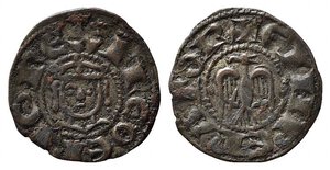obverse: MESSINA. Enrico VI (1194-1197). Denaro (1196) a nome di Enrico e Federico Mi (0,70 g). Sp. 32 - RR. BB+