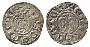 obverse: MESSINA. Enrico VI (1194-1197). Denaro (1196) a nome di Enrico e Federico Mi (0,81 g). Sp. 32 - RR. qSPL
