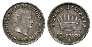 obverse: MILANO. Napoleone I re d Italia (1805-1814). 10 soldi 1814  M ag (2,52 g). Gig.186. BB+/qSPL