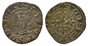 obverse: NAPOLI. Carlo II d Angiò (1285-1309). Denaro Regale Mi (0,61 g). Testa coronata del re frontale - R/croce formata da quattro fiordalisi in cerchio. MIR 25; P/R 4. BB