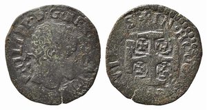 obverse: NAPOLI. Filippo II (1554-1598). 3 Cavalli sigle IAF/CI. Cu (3,44 g). Testa coronata a destra. R/ Croce di Gerusalemme. Magliocca 167 var. (IN HOOC - ribattitura da scivolamento di conio). qBB