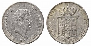 obverse: NAPOLI. Ferdinando II di Borbone (1830-1859). Piastra da 120 grana 1854. Ag (27,20 g). Magliocca 564. BB