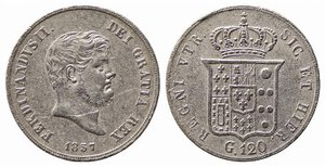 obverse: NAPOLI. Ferdinando II di Borbone (1830-1859). Piastra da 120 grana 1857. Ag (27,20 g). Magliocca 567. BB