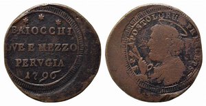 obverse: PERUGIA. Pio VI (1775-1799). Sanpietrino da 2 1/2 baiocchi 1796 Cu (15,72 g - 33,4 mm - spessore 2,2 mm). Coniato su tondello da 5 baiocchi. MB/BB