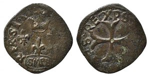 obverse: SULMONA. Carlo VIII re di Francia (1495). Cavallo AE (1.12 g). Gigli sormontati da corona, in esergo SMPE. R/croce patente ancorata. D Andrea-Andreani 38-40. qBB/BB