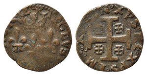 obverse: SULMONA. Carlo VIII Re di Francia (1495). Cavallo AE (1.36 g). Gigli sormontati da corona. R/croce di Gerusalemme. D Andrea-Andreani 28-37. qBB