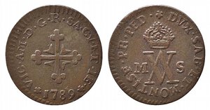 obverse: Vittorio Amedeo III. Mezzo soldo 1789 Mi (1,92 g). MIR 997/h R4. BB