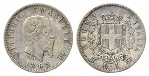 obverse: Vittorio Emanuele II (1861-1878). Torino 1 Lira 1863 T. MB-BB