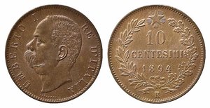 obverse: Umberto I (1878-1900). 10 centesimi 1894 Roma. Gigante 49 rara. qFDC/FDC