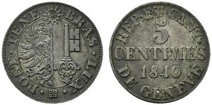 obverse: SVIZZERA. Ginevra - Geneve. 5 centesimi 1840 Stemma R/ Legenda e valore. KM 131. BB+
