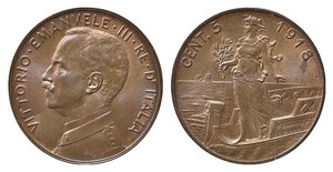 obverse: Vittorio Emanuele III (1900-1943). 5 centesimi 1918 Italia su prora. Gigante 262. FDC