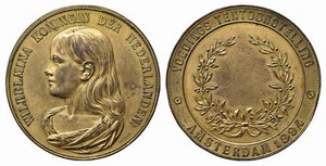 obverse: OLANDA. Medaglia Mostra alimentare Amsterdam 1894 (voedings tentoonstelling). AE dorato (100,75 g - 59 mm) opus Beeger. Busto a sinistra della regina Guglielmina. BB