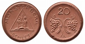 obverse: GERMANIA. Munsterberg. Notgeld da 20 pfennig anni  20. Porcellana (1,90 g). FDC