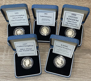 obverse: GRAN BRETAGNA. Lotto di 5 sterline in argento con cofanetti  (silver pound 1995-1996-1997-2000-2003). Proof