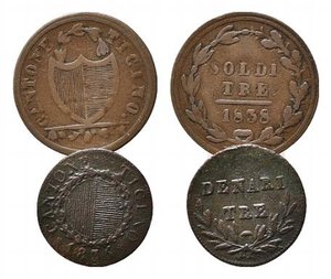 obverse: SVIZZERA. TICINO. Lotto di 2 monete Mi (3 denari 1835 - 3 soldi 1838). MB-BB