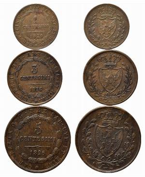 obverse: SAVOIA. Carlo Felice. Lotto di 3 monete diverse (1,3,5 1826 centesimi Regno di Sardegna). BB