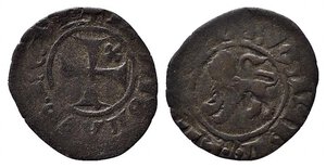 obverse: L AQUILA. Ladislao di Durazzo (1386-1414). Quattrino Mi (0.83 g). Croce patente con fiordaliso nel 2° quarto - R/leone volto a sinistra. D Andrea-Andreani 29-31. MB