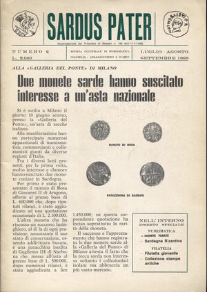 obverse: A.A.V.V. - Sardus Pater. Num. 2 Luglio-Agosto-Settembre 1983. Sassari, 1983. pp. 22, ill. nel testo. ril. ed buono stato, ottimi articoli sulla monetazione sarda.