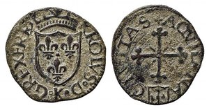 obverse: L AQUILA. Carlo VIII di Francia (1495). Cavallo AE (1.54 g). Scudo coronato di Francia. R/croce patente Mauriziana radiata. D Andrea-Andreani 131-132; CNI 45. BB+