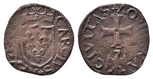 obverse: L AQUILA. Carlo VIII di Francia (1495). Cavallo AE (0,99 g). Scudo coronato di Francia. R/croce patente ancorata. D Andrea-Andreani 138. BB
