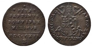 obverse: BOLOGNA. Pio VII (1800-1823). Quattrino 1816 Cu (2,02 g - 20 mm). Coniato su tondello più leggero, rif. Gig. 75a - R3. qBB