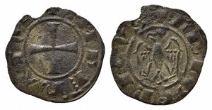 obverse: BRINDISI o MESSINA. Federico II (1197-1250). Denaro Mi (0,49 g). Aquila con ali spiegate - R/Croce patente. Sp.106 - R. BB+ 