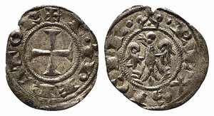 obverse: BRINDISI o MESSINA. Federico II (1197-1250). Mezzo Denaro Mi (0,35 g). Aquila con ali spiegate - R/Croce patente. Sp.108 - RR. SPL 