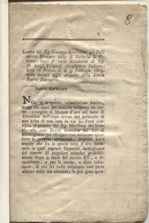 obverse: BENCIVENNI  G. - Ripostiglio di monete d oro (Fiorini d oro sec. XIV). Firenze, 1805. pp. 14. brossura muta, buono stato, raro e importante.