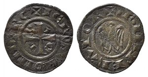 obverse: BRINDISI o MESSINA. Federico II (1197-1250). Denaro Mi (0,77 g). Aquila ad ali spiegate volta a sinistra - R/Croce patente con lettere S I C I nei quarti. Sp.114 - R. BB-SPL