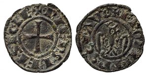 obverse: BRINDISI o MESSINA. Federico II (1197-1250). Denaro Mi (0,96 g). Aquila coronata volta a destra - R/Croce patente. Sp.130. BB+