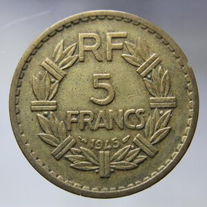 obverse: FRANCIA 5 FRANCS 1945 LAVRILLIER BRONZE ALLUMINIUM MB *ASPORTAZIONE DI METALLO SUL BORDO