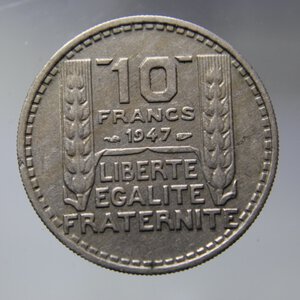 obverse: FRANCIA 10 FRANCS 1947 TURIN GROSSE TETE RAMEAUX COURTS BB *MANCANZA DI METALLO AL D\ E AL \R