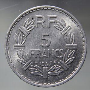 obverse: FRANCIA 5 FRANCS 1947 LAVRILLIER ALLUMINIUM 9 OUVERT (APERTO) SPL