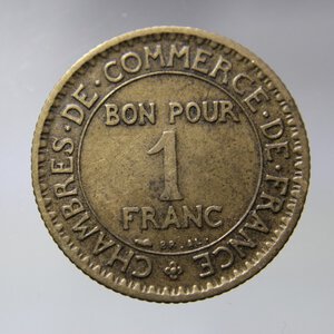 obverse: FRANCIA 1 FRANC 1922 CHAMBRE DE COMMERCE BA QBB