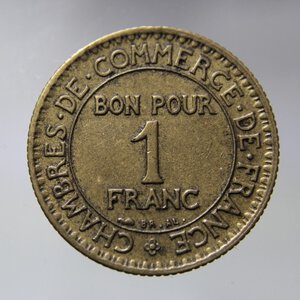 obverse: FRANCIA 1 FRANC 1923 CHAMBRE DE COMMERCE BA SPL