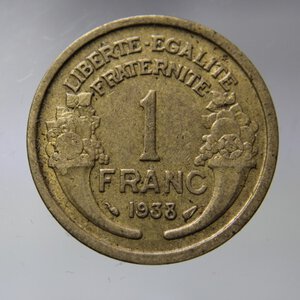 obverse: FRANCIA 1 FRANC 1938 MORLON BA- BB+