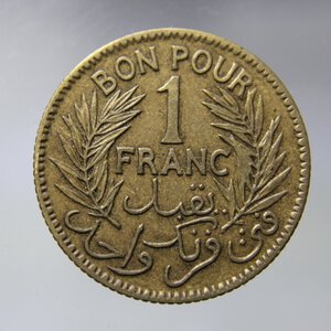 obverse: TUNISIA PROTETTORATO FRANCESE BON POUR 1 FRANC 1921 AH 1340 BA-BB