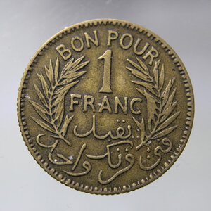 obverse: TUNISIA PROTECTORAT FRANCAISE BON POUR 1 FRANC 1941 AH 1360 BA-QBB
