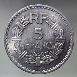 obverse: FRANCIA 5 FRANCS 1950 LAVRILLIER ALLUMINIUM FDC