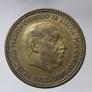 reverse: SPAGNA FRANCISCO FRANCO CAUDILLO 2,50 PESETAS 1953 *56* BA SPL