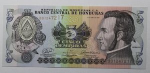 obverse: HONDURAS 5 LEMPIRAS 2008 COME DA FOTO
