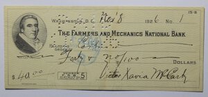 obverse: USA ASSEGNO BANCARIO INCASSATO 1926 THE FARMERS AND MECHANICALS NATIONAL BANK COME DA FOTO-RARO