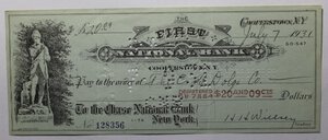 obverse: USA ASSEGNO BANCARIO INCASSATO 20,09 DOLLARI THE FIRST NATIONAL BANK 1931 COME DA FOTO-NC