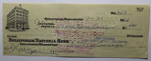 obverse: USA ASSEGNO BANCARIO INCASSATO 6,50 DOLLARI THE BELLINGHAM NATIONAL BANK 1964 COME DA FOTO-NC