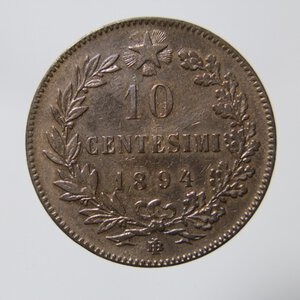 obverse: REGNO D ITALIA UMBERTO I 10 CENTESIMI 1894 BIRMINGHAM CU SPL