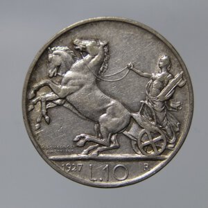 obverse: REGNO D ITALIA VITTORIO EMANUELE III 10 LIRE 1927 BIGA 1 ROSETTA AG QSPL\BB BELLA PATINA NC