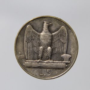 obverse: REGNO D ITALIA VITTORIO EMANUELE III 5 LIRE 1928 AQUILOTTO AG QBB R