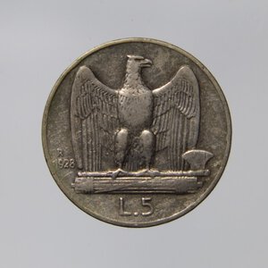 obverse: REGNO D ITALIA VITTORIO EMANUELE III 5 LIRE 1928 AQUILOTTO AG QBB R