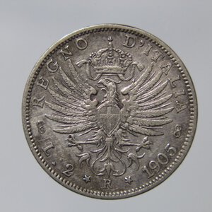 obverse: REGNO D ITALIA VITTORIO EMANUELE III 2 LIRE 1905 AQUILA SABAUDA AG *COLPETTO AL D\* BB+